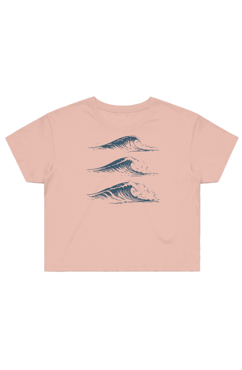 Drift Studies women's cropped tee in Pale Pink featuring three stacked navy breaking-wave illustrations