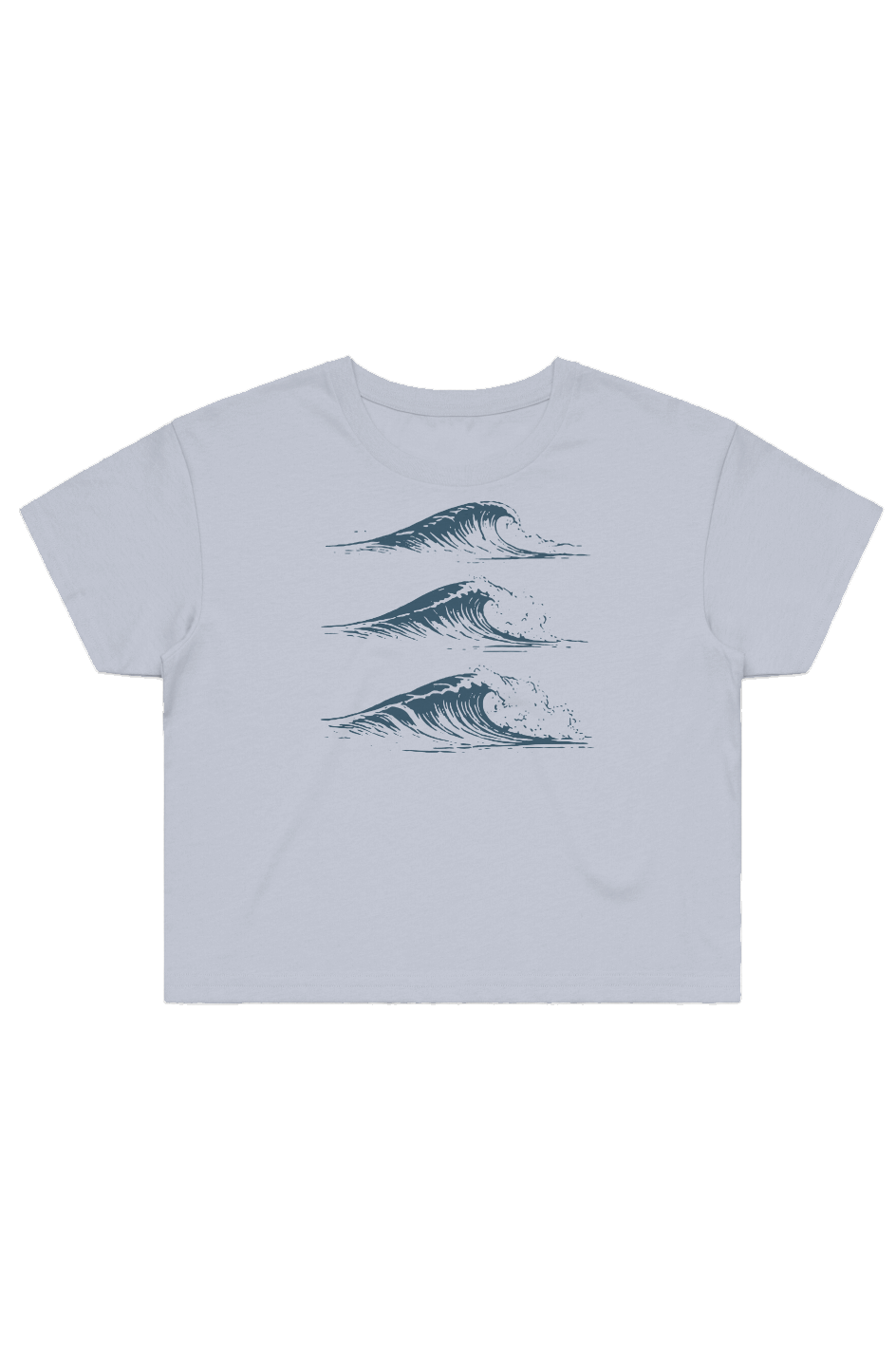 Drift Studies women's cropped tee in Powder with three navy ocean-wave illustrations printed on the front
