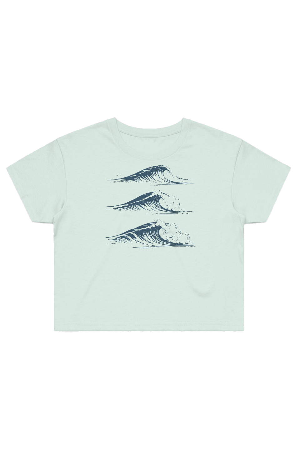 Drift Studies women's cropped tee in Seafoam with three navy coastal-wave illustrations on the front