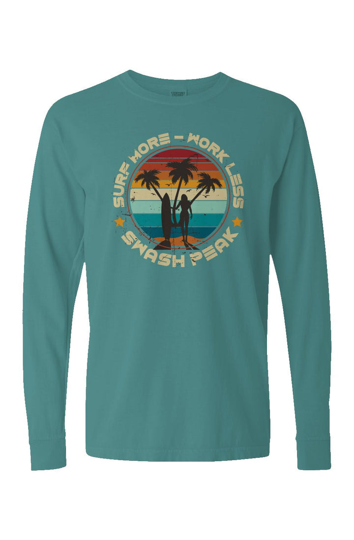Surf More Work Less Long Sleeve Unisex Tee - Swash Peak