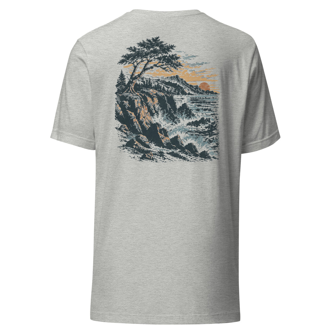 Headland unisex tee in Athletic Heather, back view with rocky coastal landscape and breaking waves