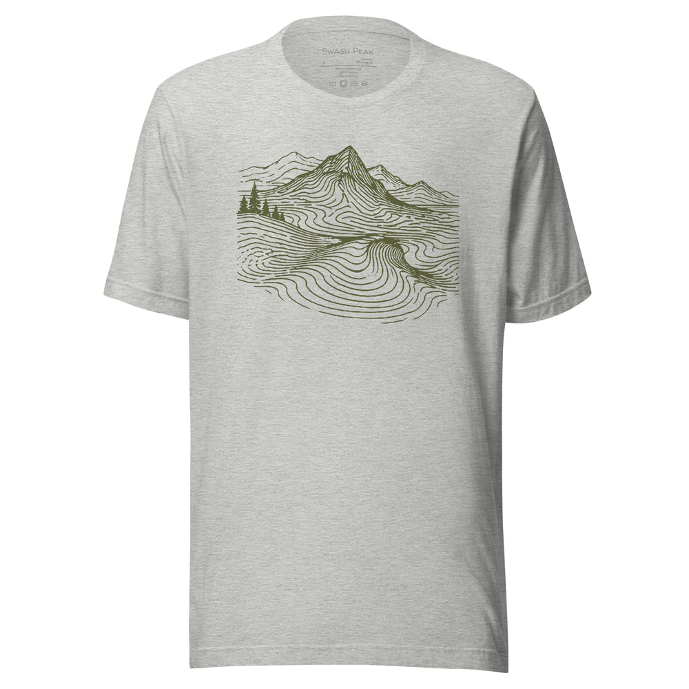 Contour Shift unisex graphic tee in Athletic Heather with olive mountain-to-wave front illustration