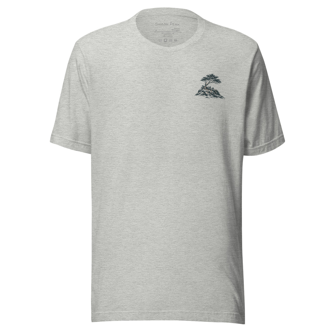 Headland unisex tee in Athletic Heather, front view with small windswept tree chest illustration