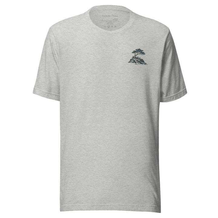 Headland unisex tee in Athletic Heather, front view with small windswept tree chest illustration