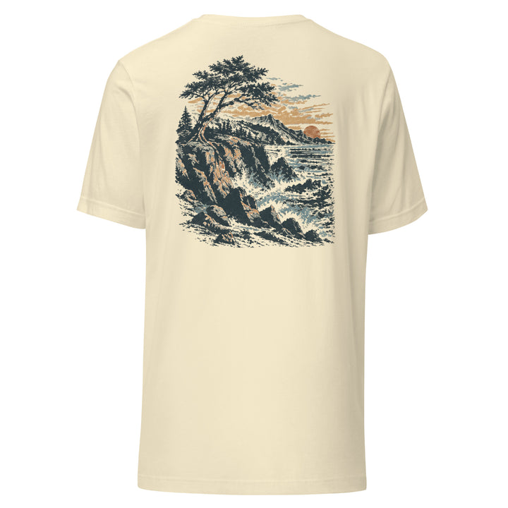 Headland unisex tee in Natural, back view showing a windswept coastal tree, rocky cliffs and ocean surf
