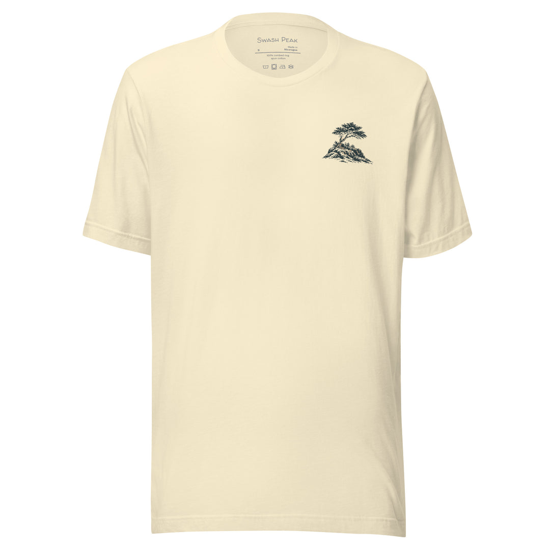 Headland unisex tee in Natural, front view with small coastal tree illustration on left chest