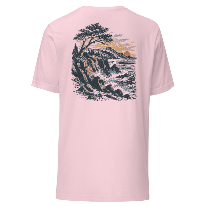 Headland unisex tee in Soft Pink, back view with illustrated cliffs, ocean and coastal tree