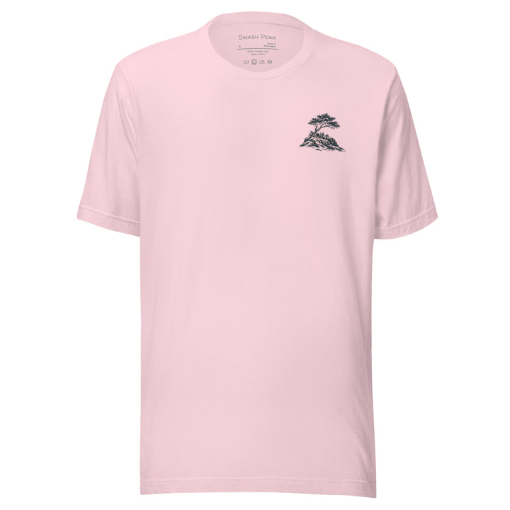 Headland unisex tee in Soft Pink, front view with small windswept-tree chest graphic