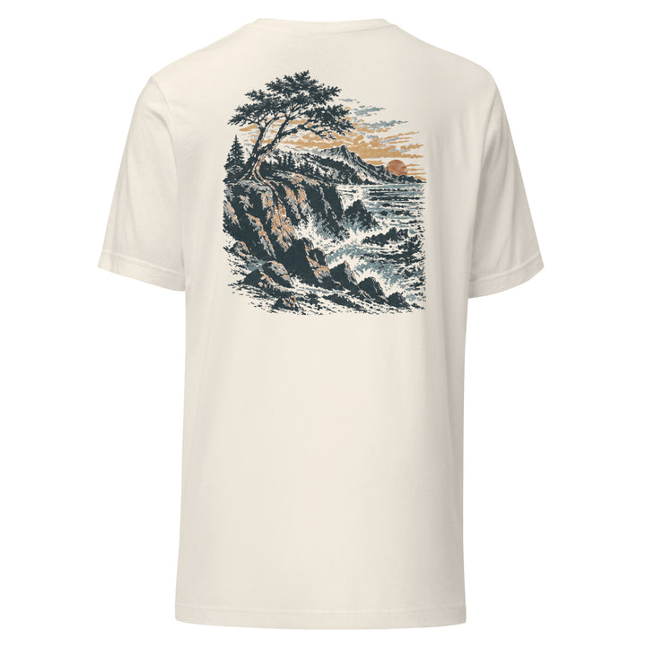 Headland unisex tee in Vintage White, back view with colorful rugged shoreline and breaking surf