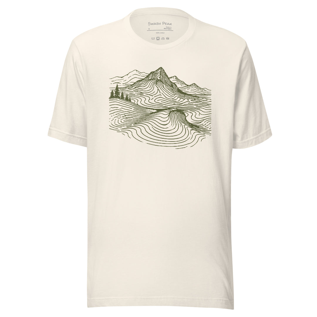 Contour Shift unisex graphic tee in Vintage White with olive mountain, pines and ocean-wave contour artwork on front