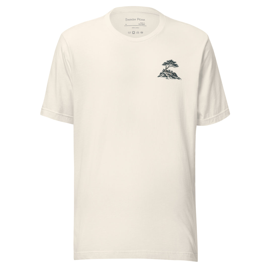 Headland unisex tee in Vintage White, front view with small windswept tree and rocky ledge graphic