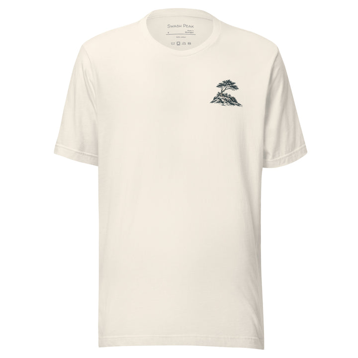 Headland unisex tee in Vintage White, front view with small windswept tree and rocky ledge graphic